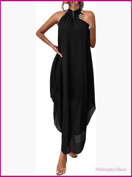 Dresses & Skirts - Women's Halter Flowy Chiffon Asymmetrical Maxi Dress